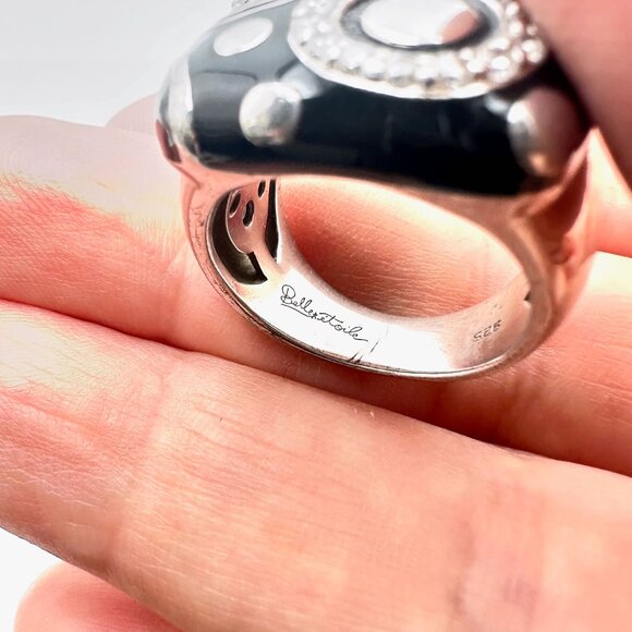 Belle Etoile Sterling Silver Black Enamel Clear Stone Statement Ring Size 7 - Picture 3 of 5